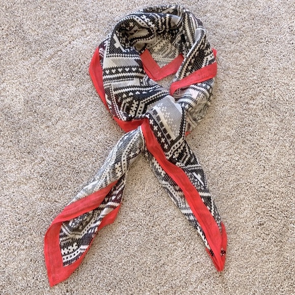 Lightweight Scarf Black/White w/Coral Border - Picture 2 of 10